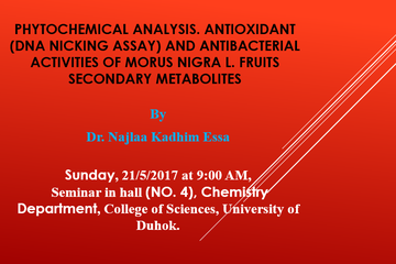 Phytochemical analysis. Antioxidant (DNA nicking assay) and antibacterial activities of Morus nigra L. fruits secondary metabolites